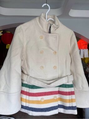 Cream Double-Breasted Pea Coat with Multicolor Stripe Hem